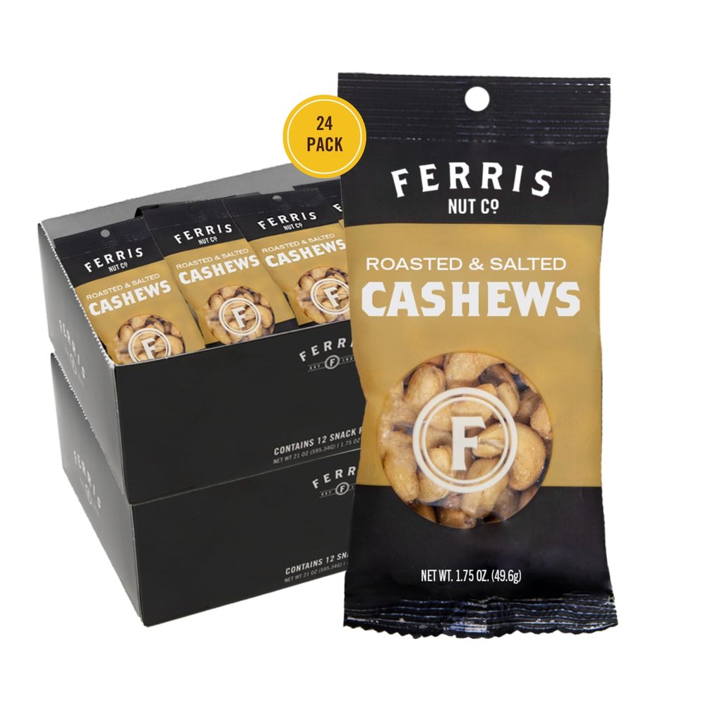 Ferris Coffee & Nut Co. Roasted & Salted Cashews - Individually Wrapped Snack Packs - Healthy Snacking Nuts for Trail Mix, Keto, Office, Travel - Pack of 24