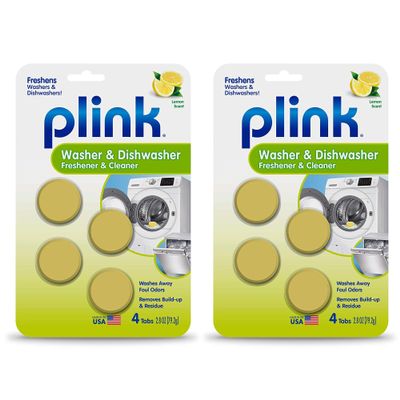 Plink Washer and Dishwasher Freshener and Cleaner, Prevents Residue, Removes Odors in Kitchen and Laundry Room Appliances, Septic-Friendly, Fresh Lemon Scent, 2 Packs of 4 Tablets