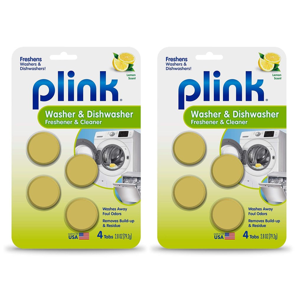 Plink Washer and Dishwasher Freshener and Cleaner, Prevents Residue, Removes Odors in Kitchen and Laundry Room Appliances, Septic-Friendly, Fresh Lemon Scent, 2 Packs of 4 Tablets