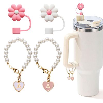 LUHOHI Charms for Stanley Cup2pcs Pearl Chain for Stanley Cup Accessories Initial Letter Charms Handle with 2pcs Straw covers Stuff Decor Water Bottle Jewelry Tumbler Personalized Decorations Tag A