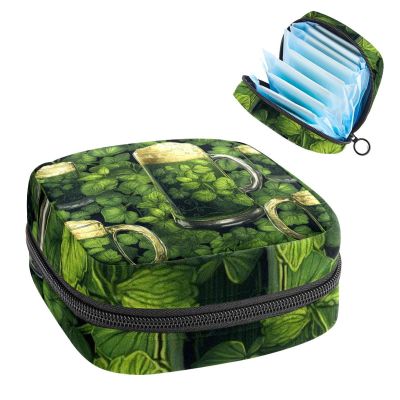 RODAILYCAY Sanitary Napkin Storage Bag, Zipper Period Pouch for Teen Girls Women, Portable Menstrual Tampons Collect Bags Happy St Patrick's Day Four Leaf Clover