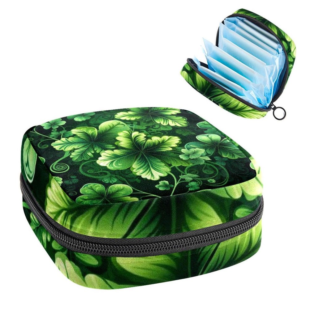 Happy St Patrick's Day Four Leaf Clover Menstrual Pad Purse for School, Tampons Collect Pouch for Women Girls, Soft Sanitary Napkin Disposal Bags