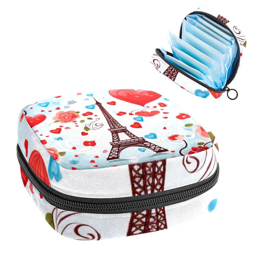 RODAILYCAY Sanitary Pads Bags, Eiffel Tower Love Heart Menstrual Cup Pouch Nursing Pad Holder, First Period Kit Bags for Teen Girls Women Ladies