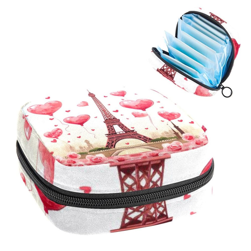 RODAILYCAY Sanitary Napkin Storage Bag for Women Cute, Feminine Menstruation Pad Holder for Period, Portable Zipper Menstrual Pad Bags Eiffel Tower Valentine's Day