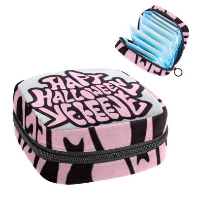RODAILYCAY Sanitary Napkin Storage Bag for Women Cute, Feminine Menstruation Pad Holder for Period, Portable Zipper Menstrual Pad Bags Halloween Letters