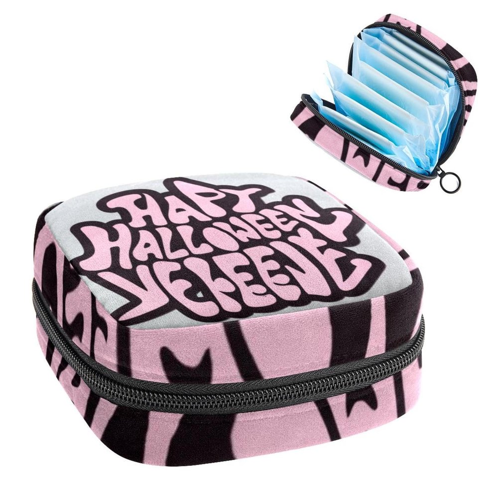 RODAILYCAY Sanitary Napkin Storage Bag for Women Cute, Feminine Menstruation Pad Holder for Period, Portable Zipper Menstrual Pad Bags Halloween Letters