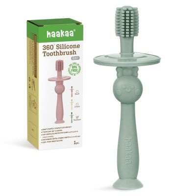 haakaa 360 Baby Toothbrush with Suction Base - Gentle Cleaning for Infant Self-Brushing Training, Food-Grade Silicone, Adjustable Safety Shield - Pea Green (1 Piece)