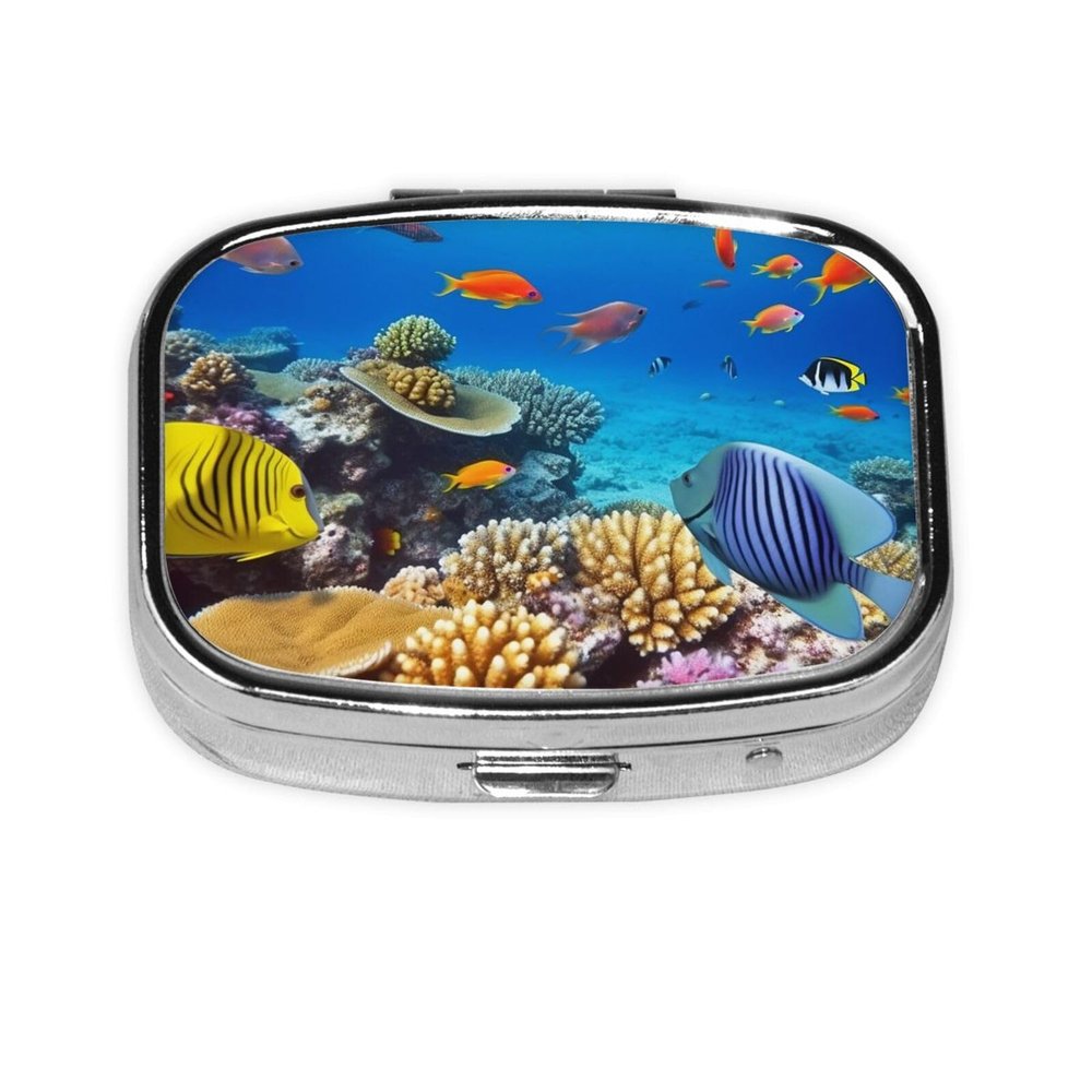 Coral and Sea Fish Square Pill Box Mini Metal Pill Case for Purse Small Cute 2 Compartment Medicine Pill Organizer Portable Pill Container Holder for Daily Medicine Vitamin