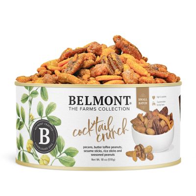 Belmont Peanuts Cocktail Crunch Mix, 18 oz (1 Pack)  Pecans, Butter Toffee Virginia Peanuts, Sesame Sticks, Rice Sticks, Seasoned Peanuts  Simple Ingredients, No Preservatives, Hand Seasoned