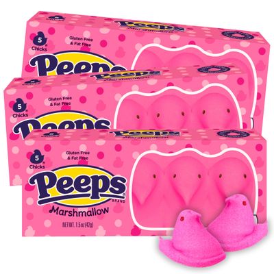 Sweetzo Peeps Chicks Marshmallows, Easter Basket Stuffers, 5 in Each Classic Candies, (Pack of 3) (Pink)