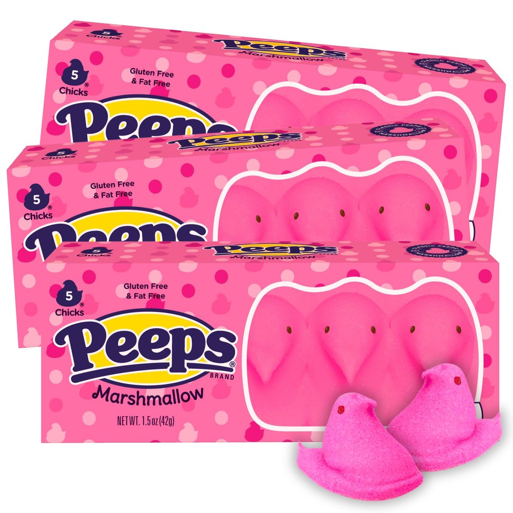 Sweetzo Peeps Chicks Marshmallows, Easter Basket Stuffers, 5 in Each Classic Candies, (Pack of 3) (Pink)