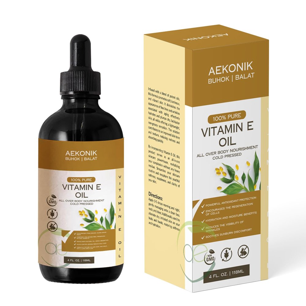 AEKONIK Organic Vitamin E Oil - Essential Pure Vitamin E Oil For Body Care and Skin Care - 4-Oz Bottle for Dry Skin, Wrinkles, Stretch Marks, Acne & Anti-Aging