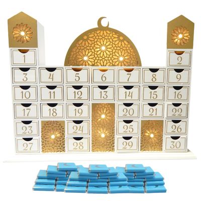 Ramadan Mosque Calendar and Blue Chocolates (Pack of 30)