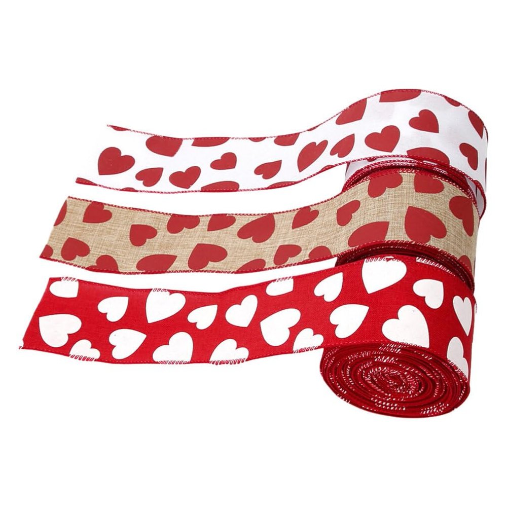 KALLORY 3rolls Valentine Day Ribbon of Heart Decorative Ribbons for Crafting and Wrapping Includes Hearts Natural Look for Wreaths and Floral Arrangements