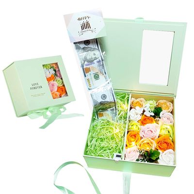 Money Box for Cash Gift Pull, Money Roll Pull Out Surprise Box with Soap Flower, Surprise Romantic Gift Box for Wife, Girlfriend, Mother, on Birthday, Thanksgiving, Christmas, Mother's Day (Green)