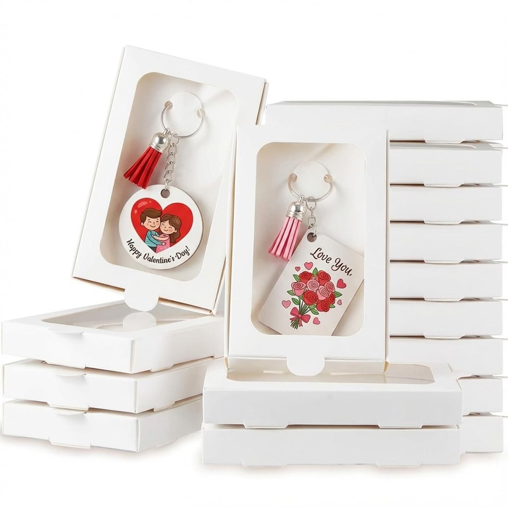 Dunzoom Valentine's Day 30 Pcs Sublimation Keychain Gift Boxes with Window 4" x 3.3" x 0.7" Key Ring Paper Packaging Box for Jewelry Charms Ornaments Gifts Wrapping, Keychain Not Included(White)