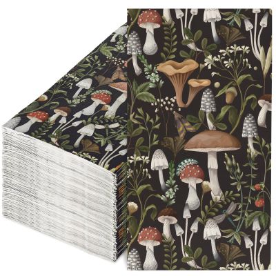 80Pcs Mushroom Guest Napkins Vintage Mushroom Plants Disposable Paper Napkins Black Dinner Hand Napkin for Party Supplies Table Decorations