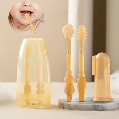 IKBAOME Baby Toothbrush Set, Silicone Baby Tongue Cleaner, 0-18M Infant 360 Degree Toddler Oral Care Toothbrush, Toothbrush + Tongue Brush + Baby Teether + Finger Toothbrush with Cup for Training