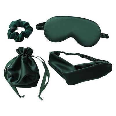 UUYYEO 4 Pcs Artificial Silk Sleep Masks Hair Scrunchies Headband and Pouches Soft Eye Mask Cover Stain Blackout Blindfold for Sleeping Wedding Bridesmaid Gifts Dark Green