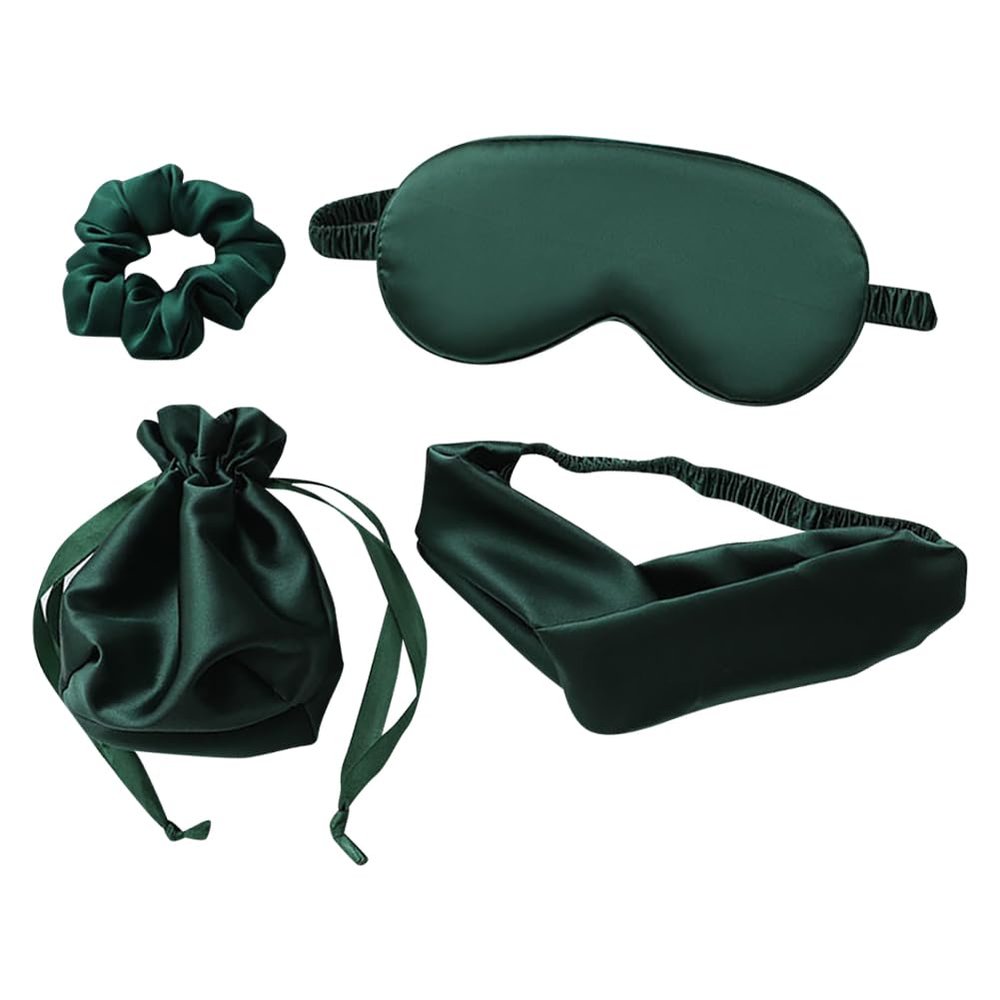UUYYEO 4 Pcs Artificial Silk Sleep Masks Hair Scrunchies Headband and Pouches Soft Eye Mask Cover Stain Blackout Blindfold for Sleeping Wedding Bridesmaid Gifts Dark Green