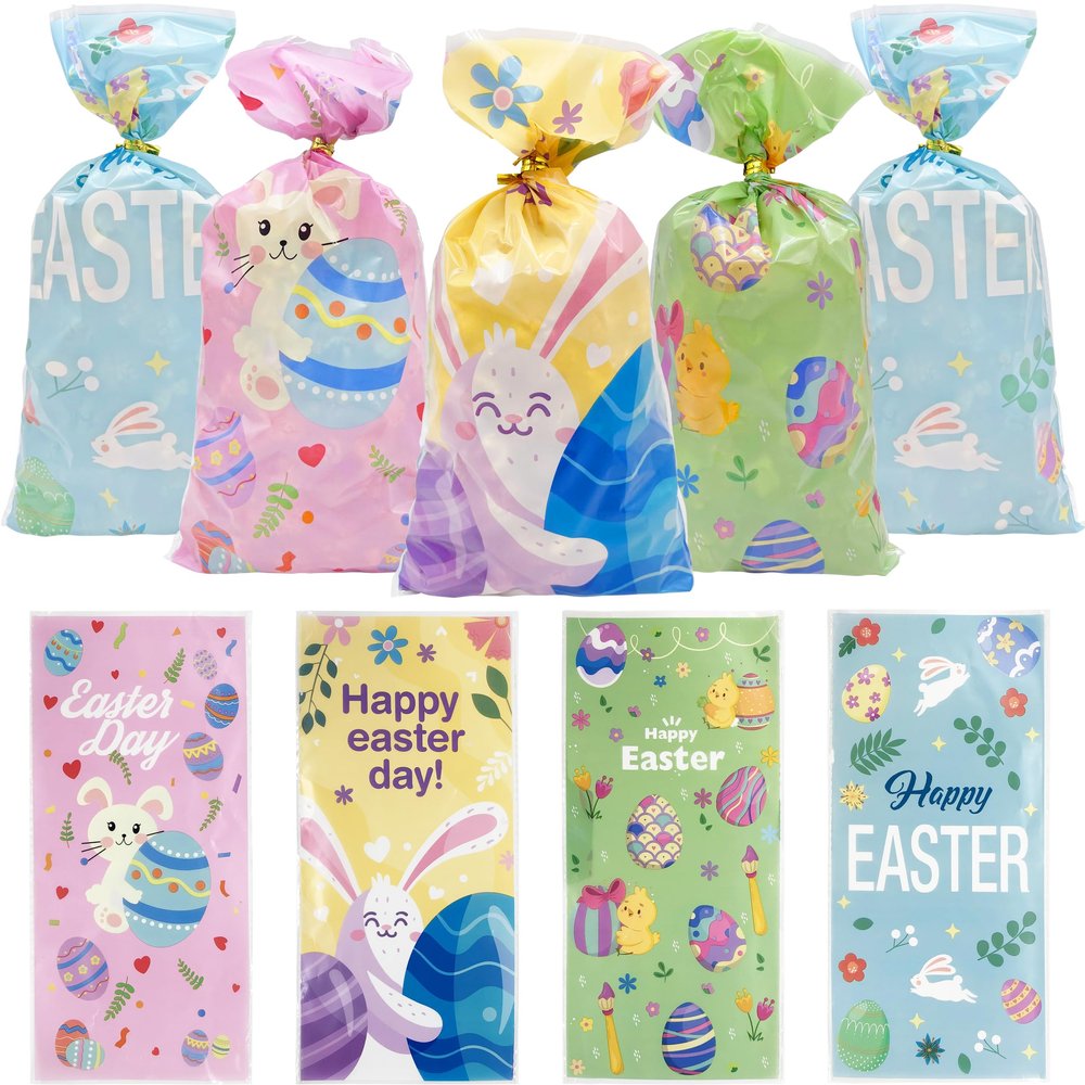Jexila 160 Easter Cellophane Bags with Ties Easter Bunny Goodie Treat Bag for Kids Classroom Party Favor Plastic Candy Bags