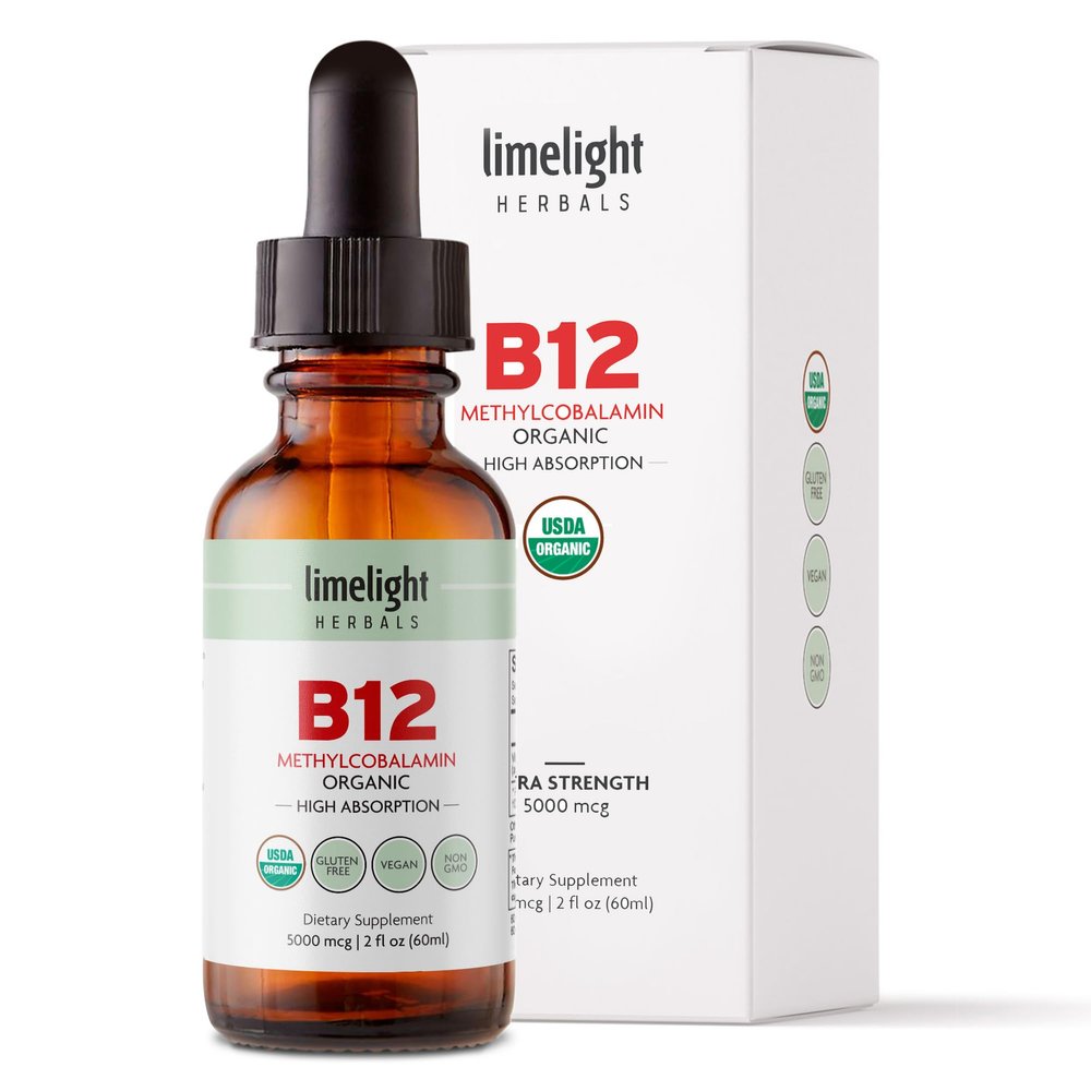 USDA Organic Vitamin B12 Liquid Drops 5000 mcg, Methylcobalamin, Sublingual, Fast Absorption, Cellular Energy, Metabolism Support, Nervous System, Mental Focus, Vegan, Non-GMO, 2 fl oz, 60 Servings