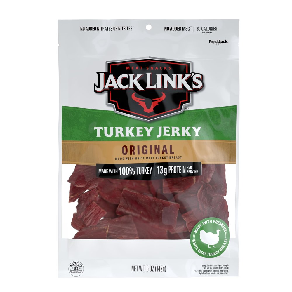 Jack Link's Turkey Jerky, Original, Jerky Bag - Flavorful Snack, Ready to Eat Protein Snacks with 13g of Protein per Serving, Made with 100% Turkey, Keto Friendly - 5 Oz.