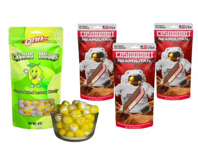 3 Packs Cosmonautic Foods Freeze-Dried Ice Cream Sandwich, NASA Space Dessert + Freeze Dried Lemonhead 4 Oz (Neapolitan 3 Pack)