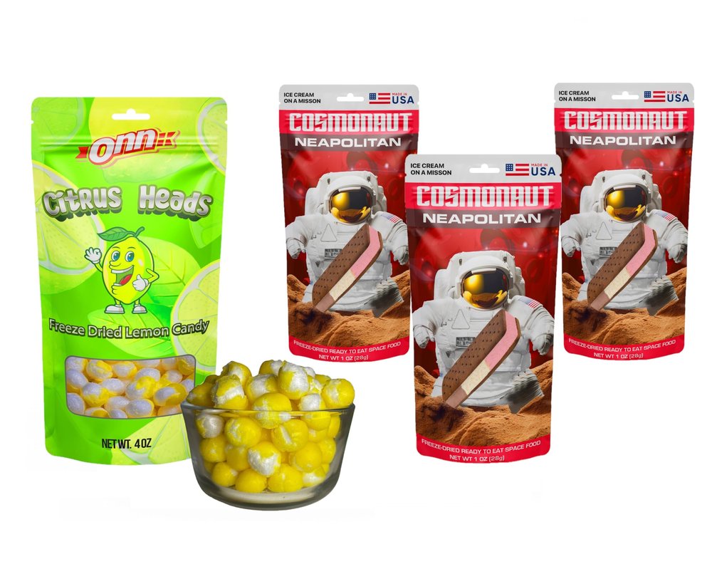 3 Packs Cosmonautic Foods Freeze-Dried Ice Cream Sandwich, NASA Space Dessert + Freeze Dried Lemonhead 4 Oz (Neapolitan 3 Pack)