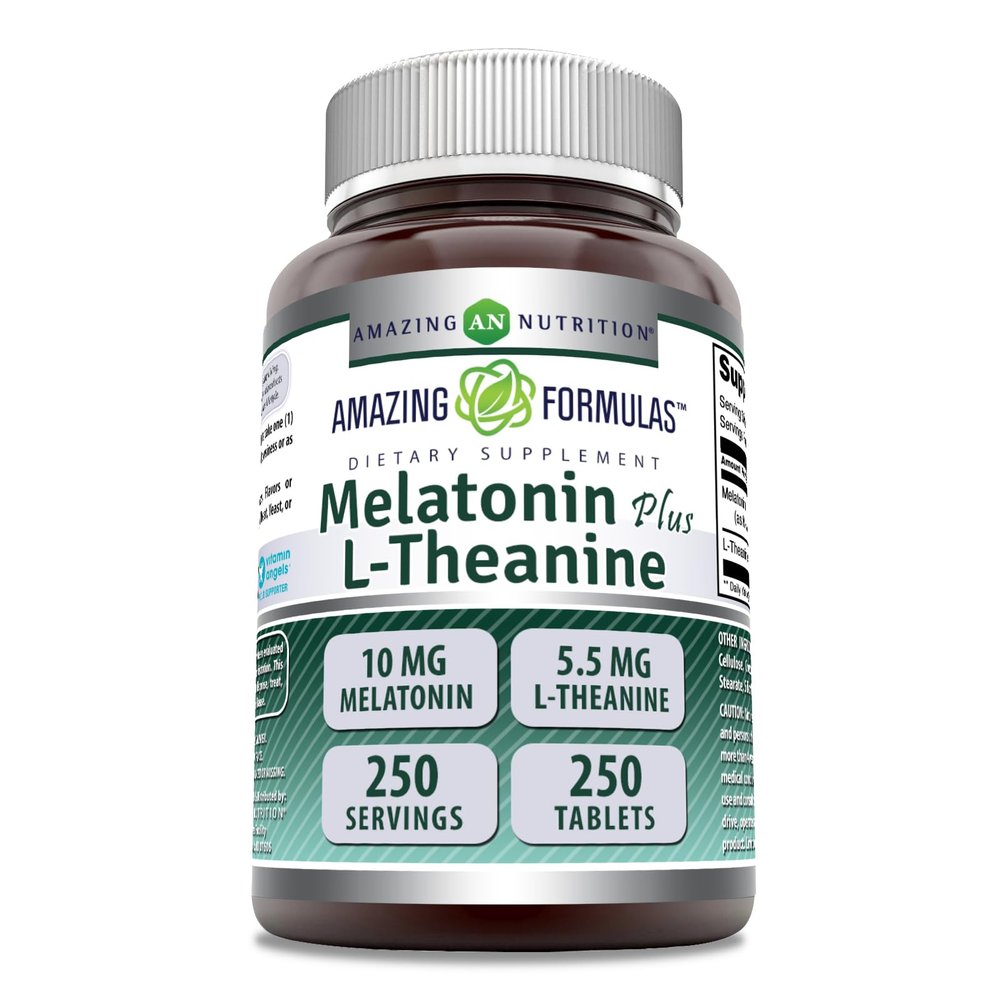 Amazing Formulas Melatonin 10 Mg Plus L-Theanine 5.5 Mg Supplement | Tablets | Non-GMO | Gluten Free | Made in USA | (1 Pack, 250 Tablets)