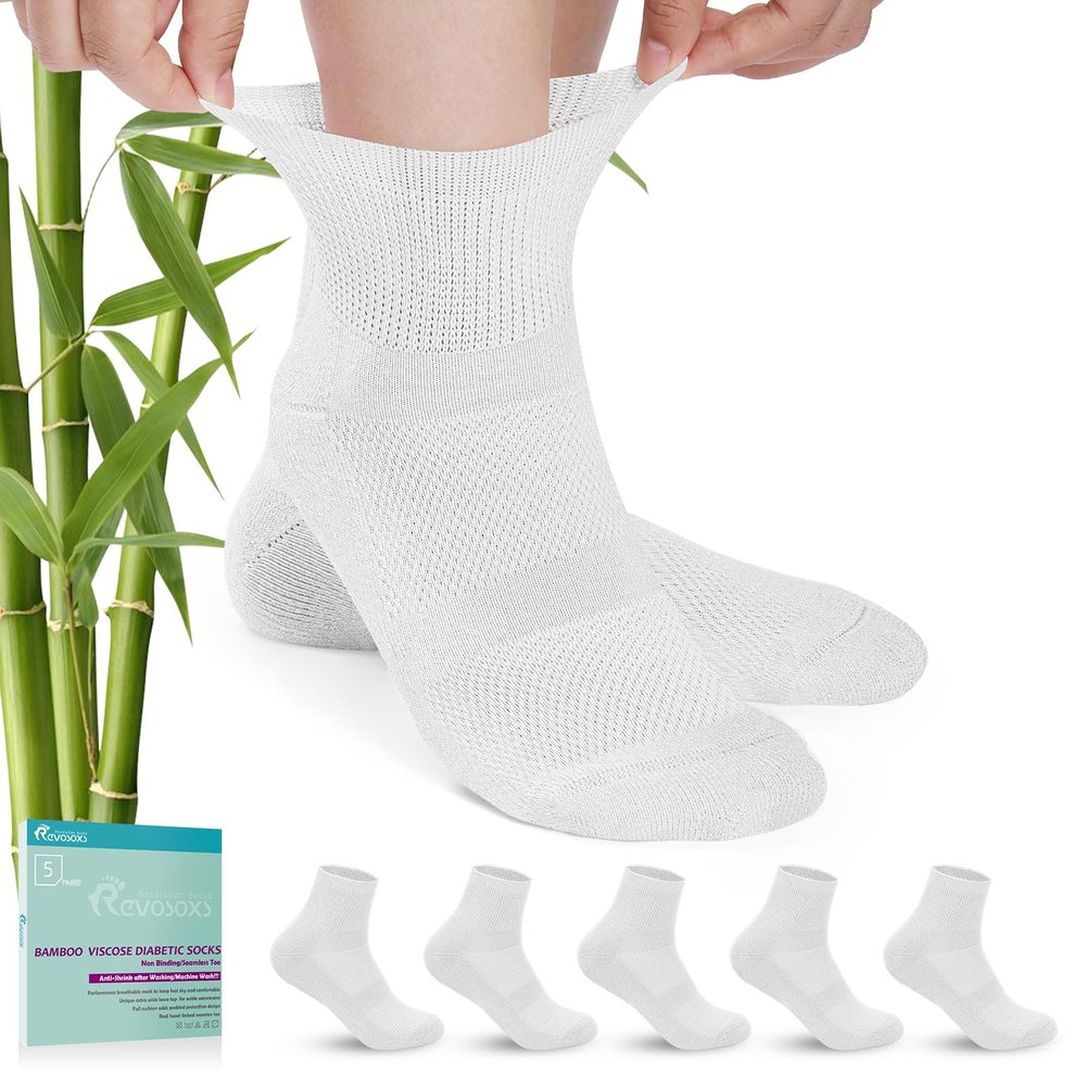Revosoxs Diabetic Socks for Men Women,5 Pairs Bamboo Viscose Diabetic Ankle Socks for Women,Non-Binding Diabetic Socks(White-Large)