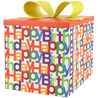 BIOBROWN Medium Birthday Gift Boxes with Lids for Presents, 9x9x9 Inches Text Design Collapsible Gift Box for Birthday, Baby Shower, Party