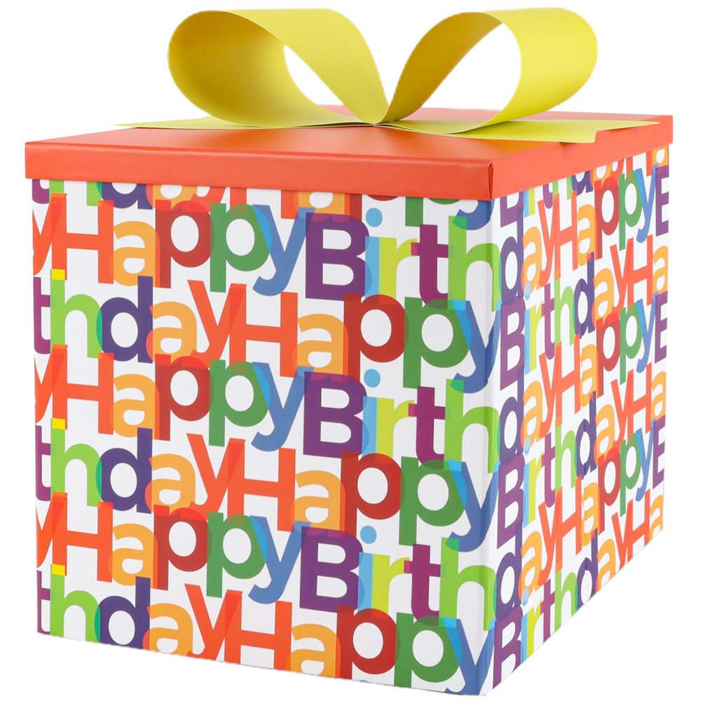 BIOBROWN Medium Birthday Gift Boxes with Lids for Presents, 9x9x9 Inches Text Design Collapsible Gift Box for Birthday, Baby Shower, Party