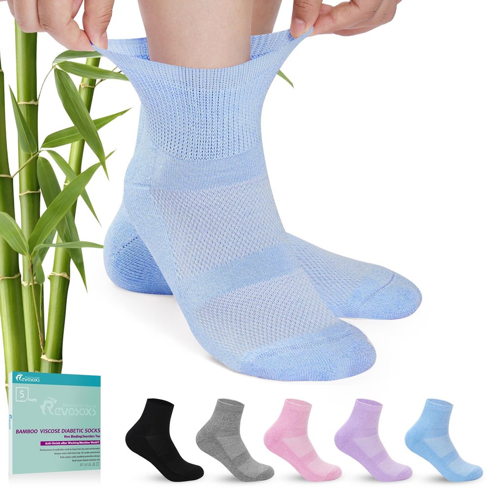 Revosoxs Diabetic Socks for Men Women,5 Pairs Bamboo Viscose Diabetic Ankle Socks for Women,Non-Binding Diabetic Socks(Bright-Large)