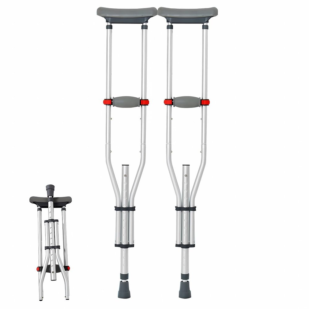 1 Pair Lightweight Folding Underarm Crutches, Height Adjustment Aluminum Walking Aid, with Underarm Pad and Hand Grip