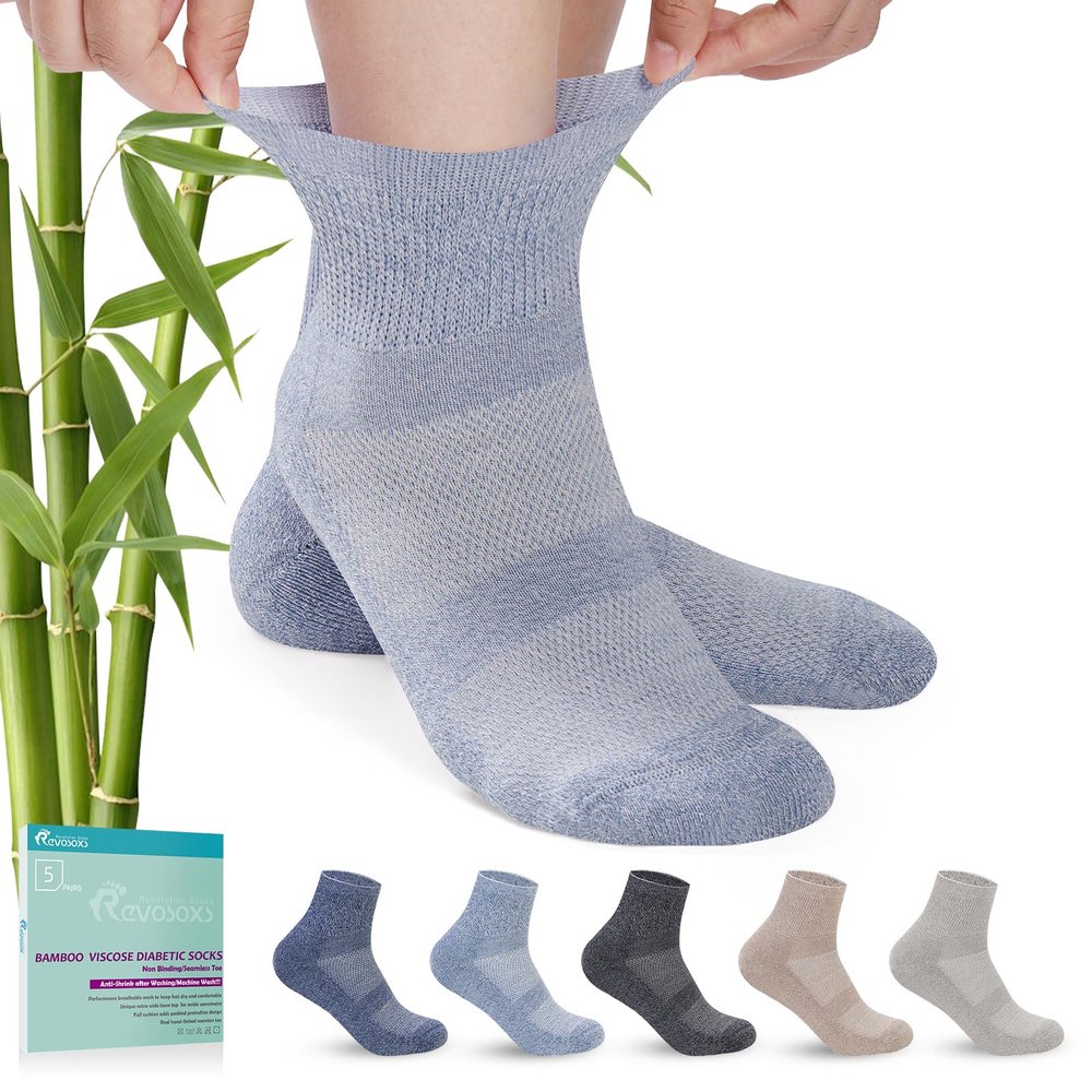 Revosoxs Diabetic Socks for Men Women,5 Pairs Bamboo Viscose Diabetic Ankle Socks for Women,Non-Binding Diabetic Socks 7-9 9-11(Dark-Medium)