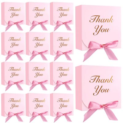 VGOODALL 20PCS Thank You Gift Boxes, 4.5x4.5x1.9Inches Mini Party Favor Boxes Pink Treat Bags with Bow Ribbon for Wedding Bridal Baby Shower Birthday Party