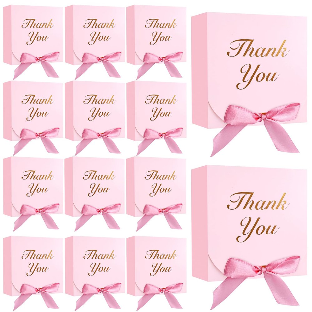 VGOODALL 20PCS Thank You Gift Boxes, 4.5x4.5x1.9Inches Mini Party Favor Boxes Pink Treat Bags with Bow Ribbon for Wedding Bridal Baby Shower Birthday Party