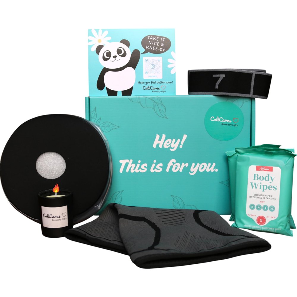 CaliCares NO BS Knee Care Package - Things You Need After Knee Surgery/ACL Surgery - After Surgery Must Haves, includes Cast Covers For Shower Leg, Knee Compression Sleeve, Stretch Bands For Exercise