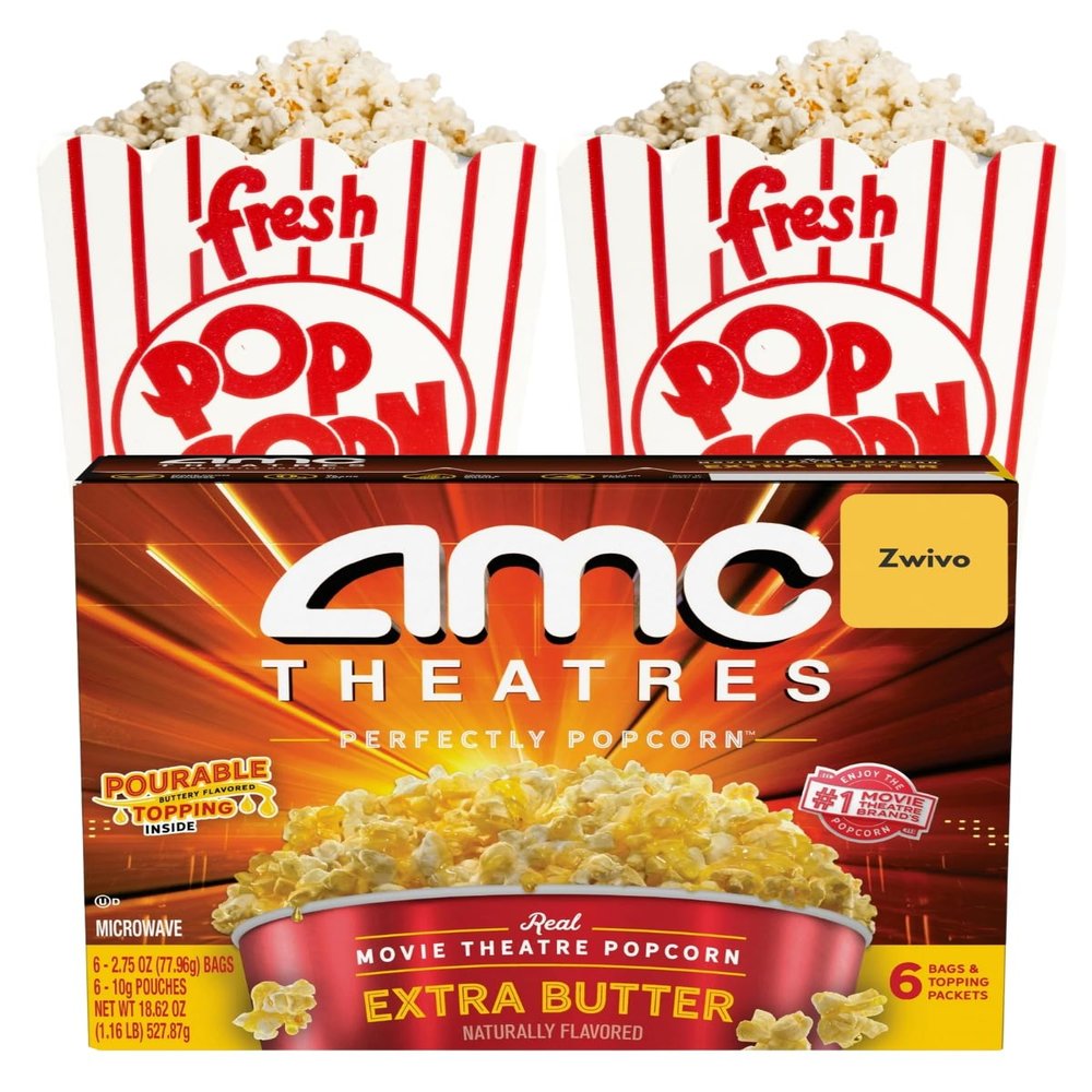 AMC Popcorn Microwave Popcorn Movie Night Basket Gift Set - Extra Butter Flavor, Bundle With 2 Popcorn Bags & Zwivo Sticker, 1.03 Pound (Pack of 1)