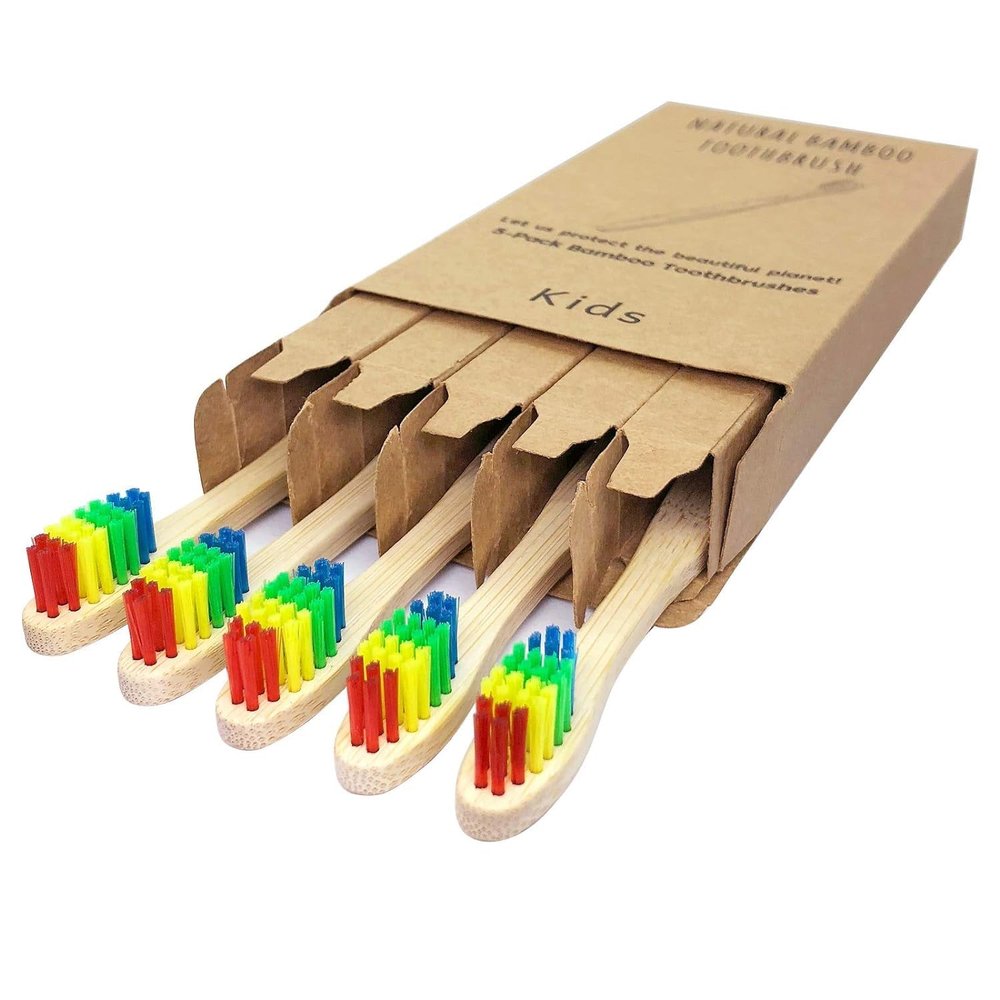 ECOETBOO Kids Bamboo Toothbrush Medium Bristles Rainbow, 5 Pack Children's Toothbrushes Eco-Friendly Wooden Handle Tooth Brush (Rainbow)