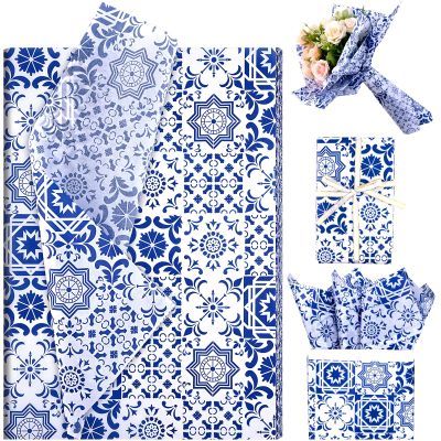 50 Sheets Moroccan Mosaic Tissue Paper,19.7 x 28 Inch Gift Wrapping Tissue Paper Blue Tiles Partern Art Tissue for Wedding Invitation Bridal Shower Wedding DIY Crafts