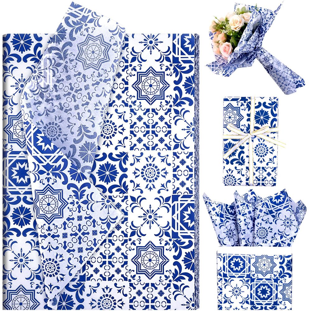 50 Sheets Moroccan Mosaic Tissue Paper,19.7 x 28 Inch Gift Wrapping Tissue Paper Blue Tiles Partern Art Tissue for Wedding Invitation Bridal Shower Wedding DIY Crafts