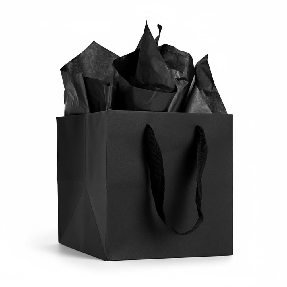 Aosric Black Gift Bags with Tissue Paper, 24 Pack 6x6x6 In Square Reusable Goodie Bag for Christmas Gifts, Halloween Treats, Wedding, Baby Shower, Birthday Party Favor, Return Gifts