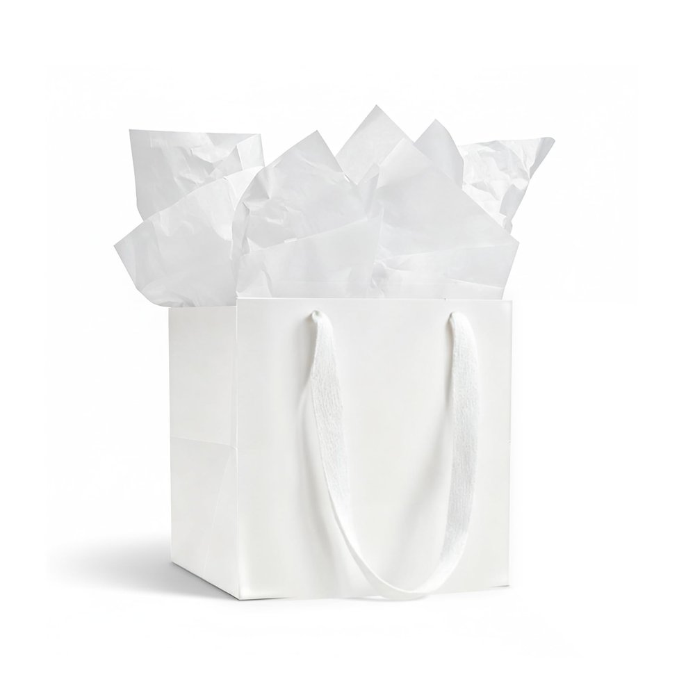 Aosric White Gift Bags with Tissue Paper, 24 Pack 6x6x6 In Square Reusable Goodie Bag for Christmas Gifts, Halloween Treats, Wedding, Baby Shower, Birthday Party Favor, Return Gifts