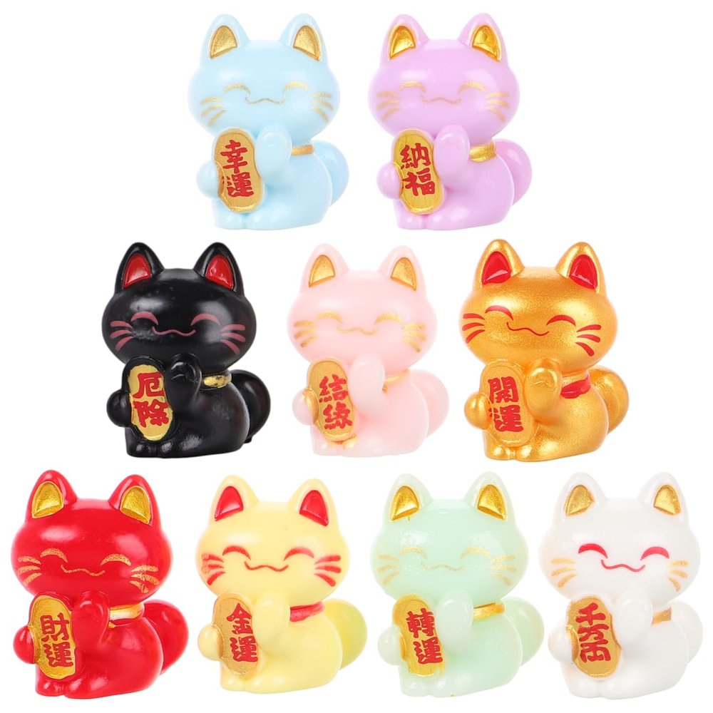 9Pcs Mini Luck Cat Figurines Resin Mixed Style Cute Cat Statues for Micro Landscaping, Fairy Garden, Planter, Desk, and Home Decor