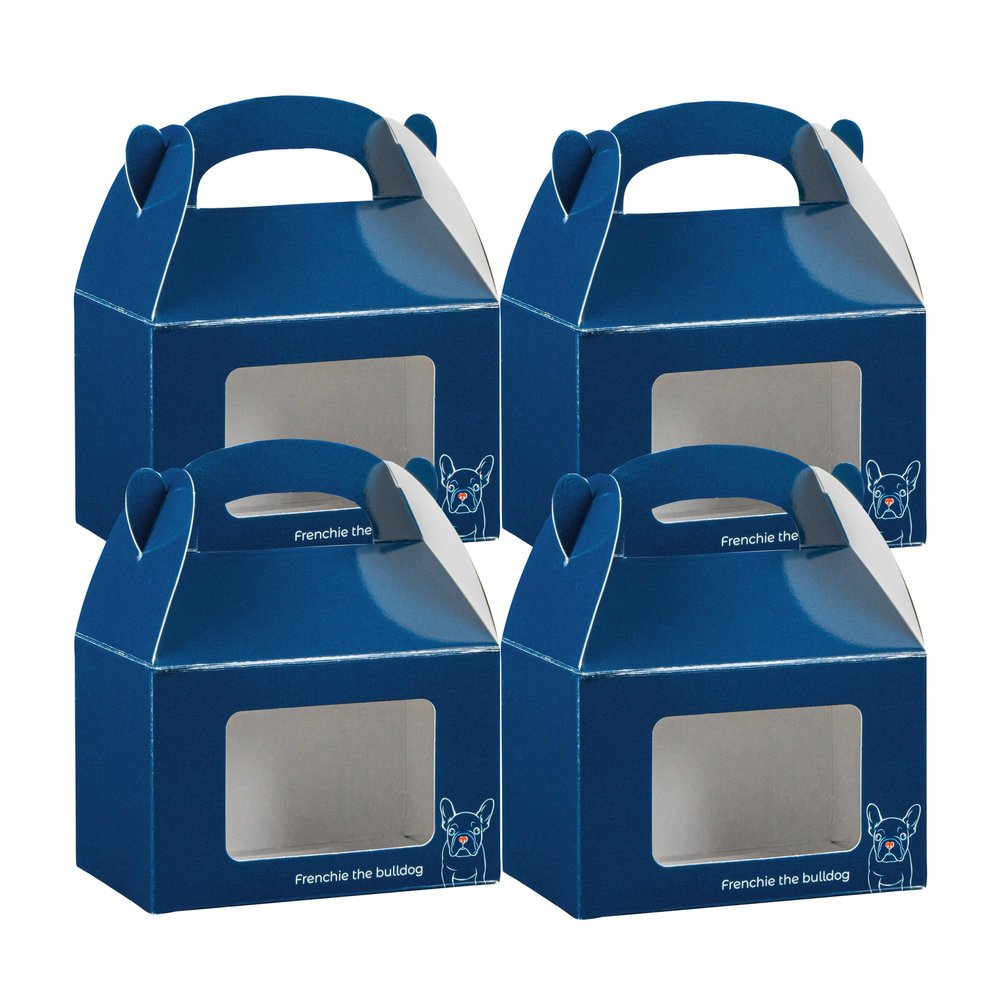 Bio Tek 4 x 2.5 x 2.5 Inch Gable Boxes For Party Favors, 25 Attractive Gift Boxes - Frenchie The Bulldog Design, Clear PET Window, Blue Paper Barn Boxes, Built-In Handle