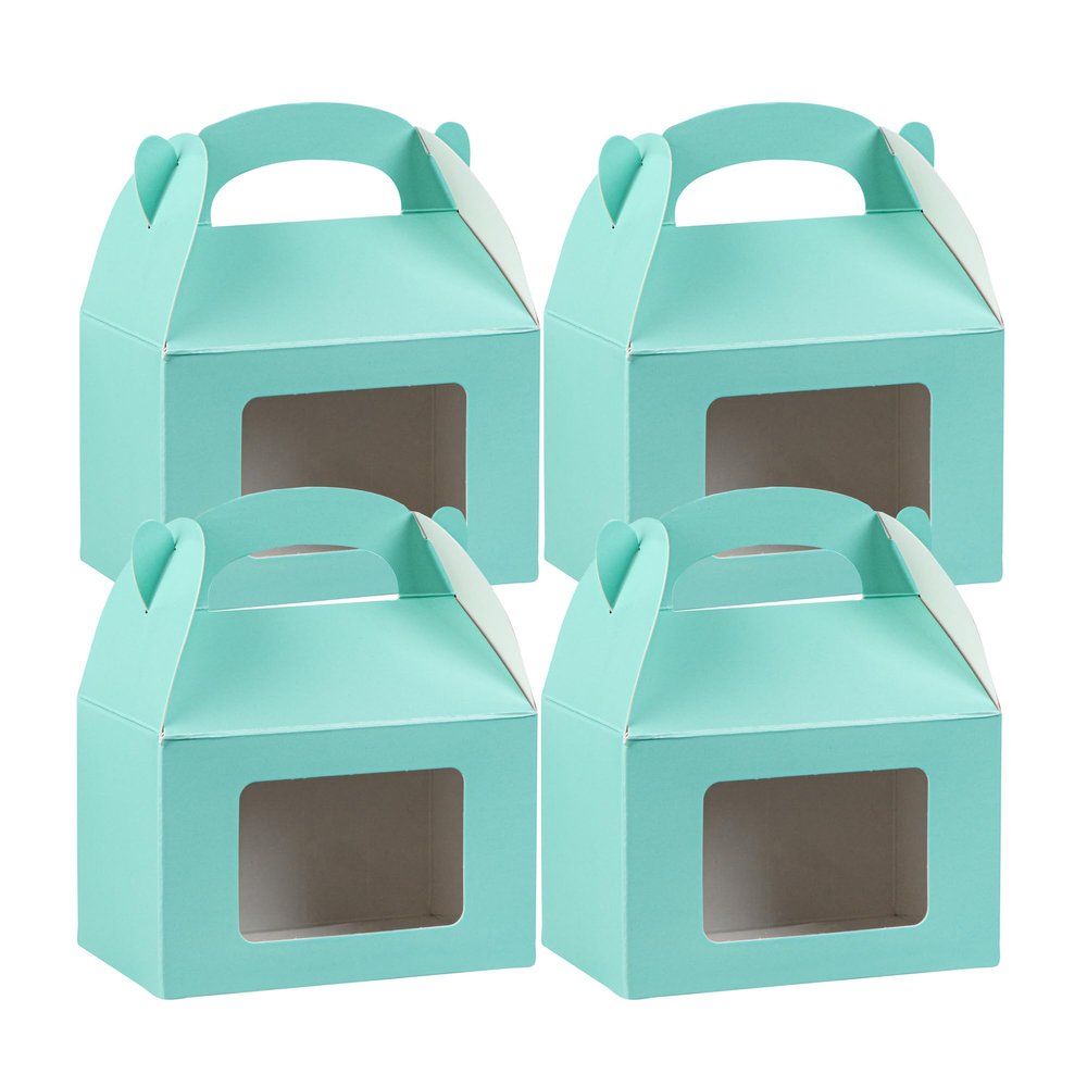 Bio Tek 4 x 2.5 x 2.5 Inch Gable Boxes For Party Favors, 100 Attractive Gift Boxes - With Built-In Handle, Disposable, Turquoise Paper Barn Boxes, For Parties