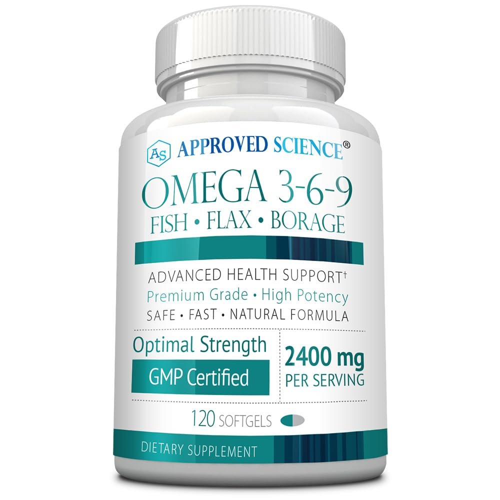 Approved Science Omega 3-6-9-2400mg Daily Blend of Fish, Flaxseed, and Borage Oils with Vitamin E - Wellness Support - Non-GMO, Mercury-Free - 120 Softgels - 2 Month Supply