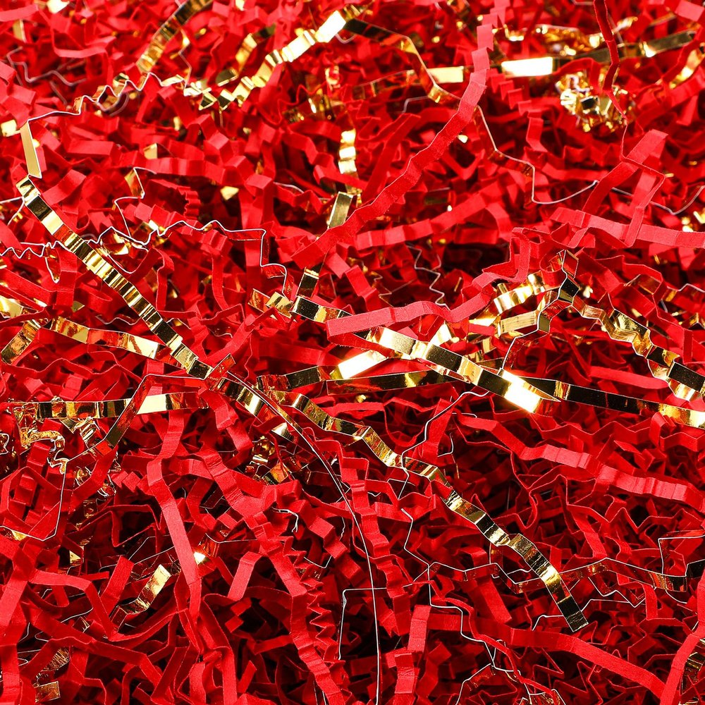 Outus 2 LB Red Gold Crinkle Cut Paper Shred Filler Metallic Shredded Papers Confetti Gift Boxes Basket Crinkle Paper Filler Packing Grass Cushion Shredded Tissue Stuffing Christmas Birthday Wrapping